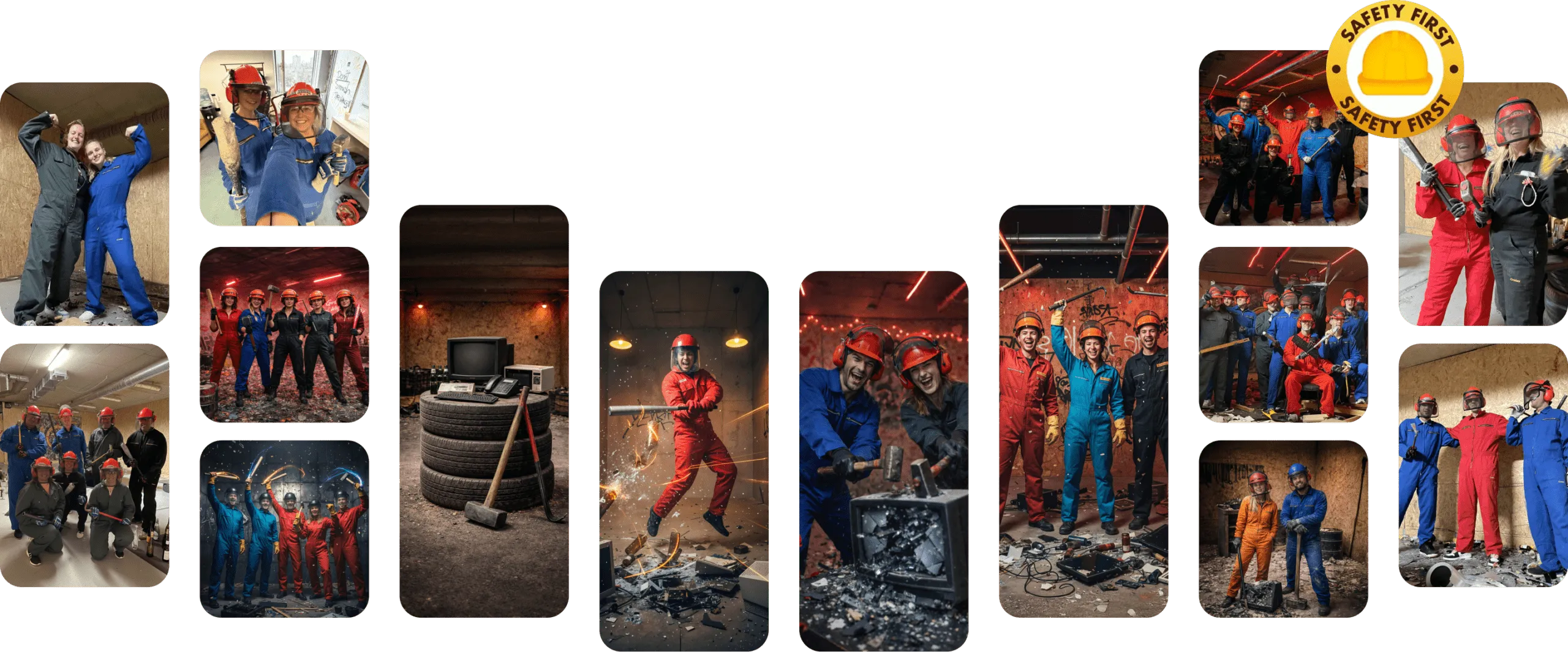 Guests wearing safety gear during a safe smash room session at The Rage Room