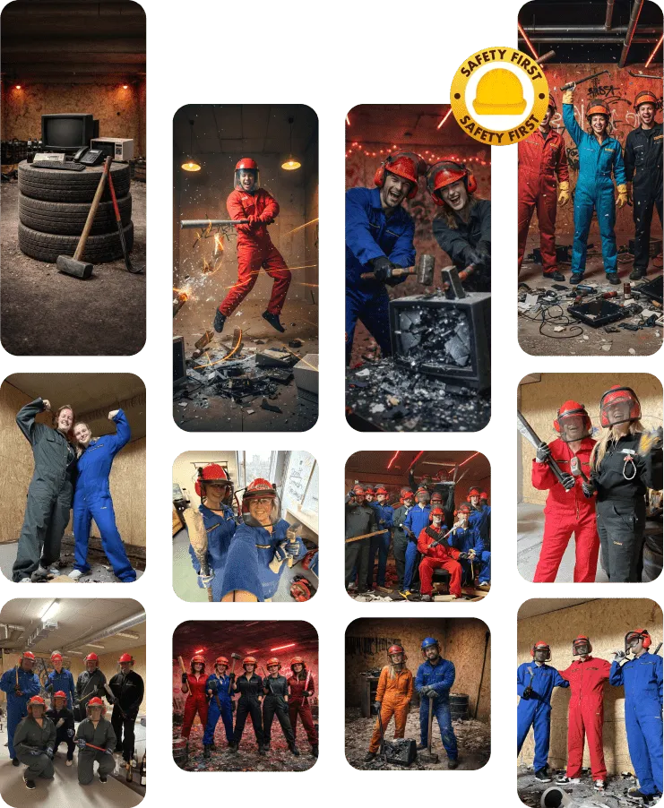 Guests wearing safety gear during a safe smash room session at The Rage Room